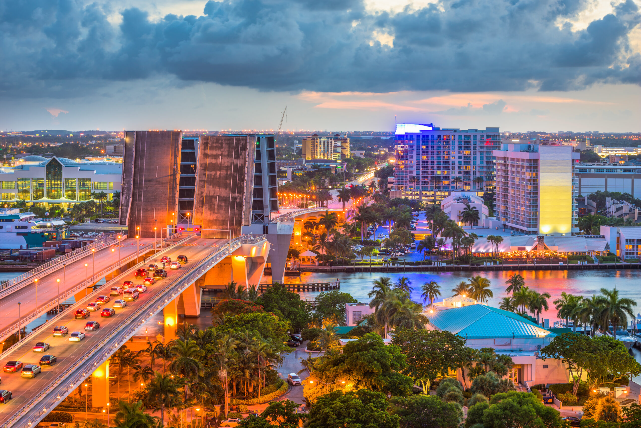 Fort Lauderdale, Florida, USA skyline drawbridge at dusk.